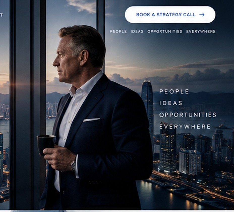 Global executive perspective overlooking an international city skyline